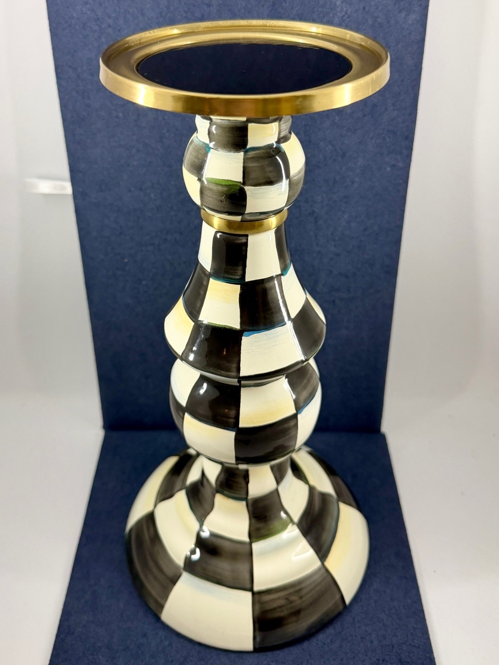 MACKENZIE-CHILDS Large Courtly Check Enamel Pillar Candlestick Candle Holder